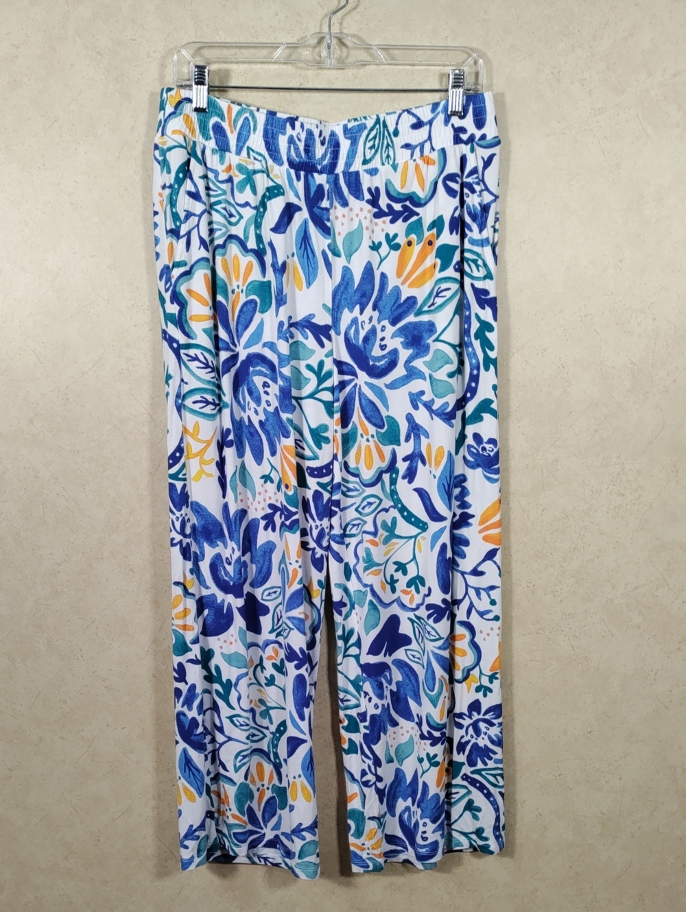 I131 Susan Graver Blue & Yellow Floral Knit Pants M